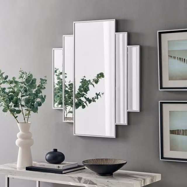 FurnitureboxUK Deco Art Deco Inspired Large Silver Framed Metal and Glass Wall Mirror