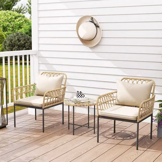 Outsunny 3-Piece Modern Rattan Bistro Set with Cushions for Patio in Beige and White