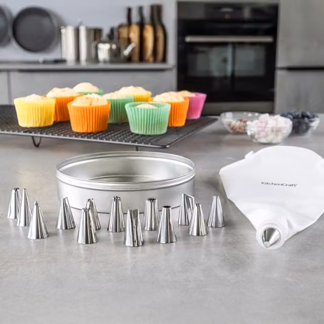 KitchenCraft Sweetly Does It Icing Tin Set, 16 Piece Stainless Steel Set with Piping Bag and Nozzles, White and Silver