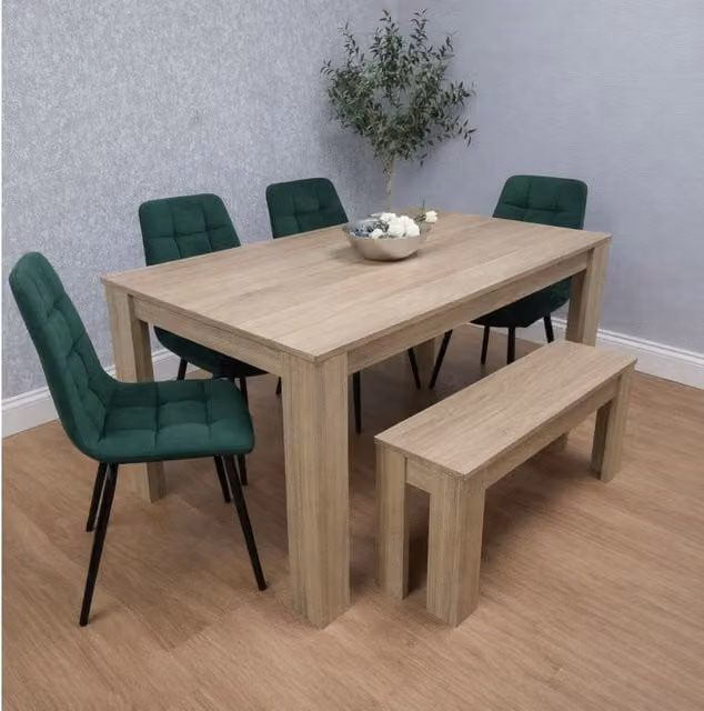 Kosy Koala Oak Effect Dining Set with Rectangular Table, 4 Velvet Chairs and Bench in Green