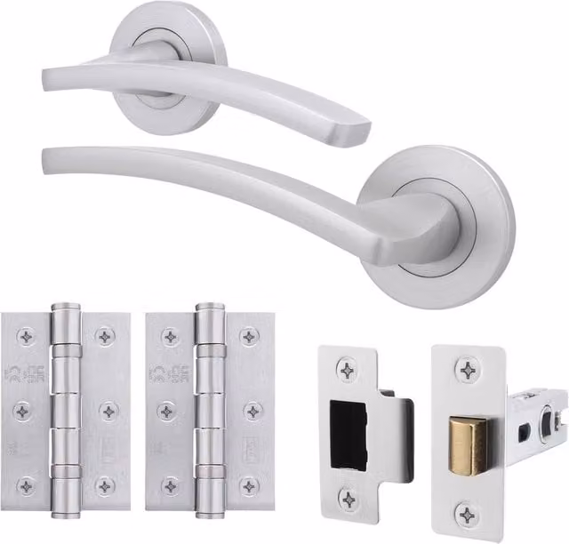 AFIT Satin Chrome Door Handle Latch Set with Hinges in Silver, Aluminium – 1