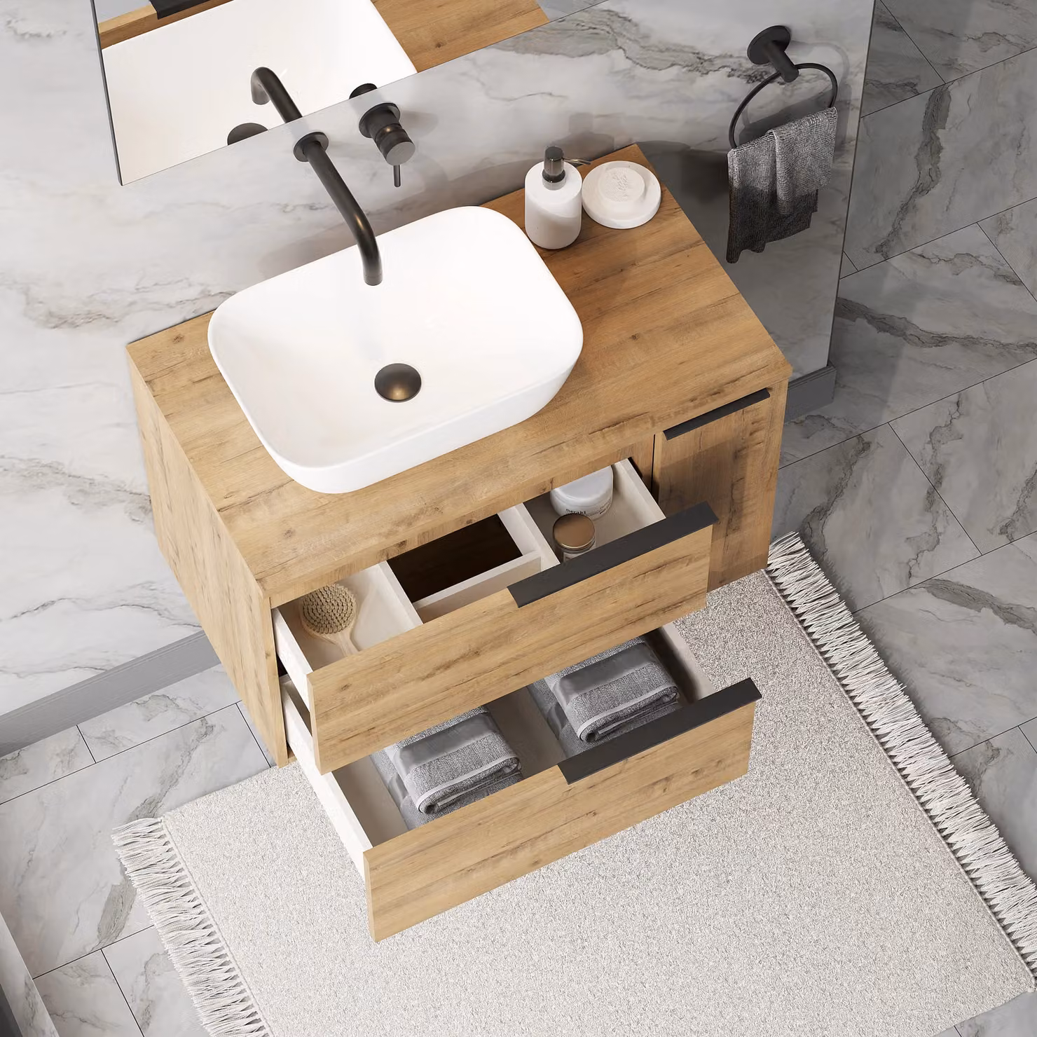 Banyetti Celtic Duo 800mm Wall Hung Vanity Unit with Door and Worktop in Ostippo Light Oak – 5