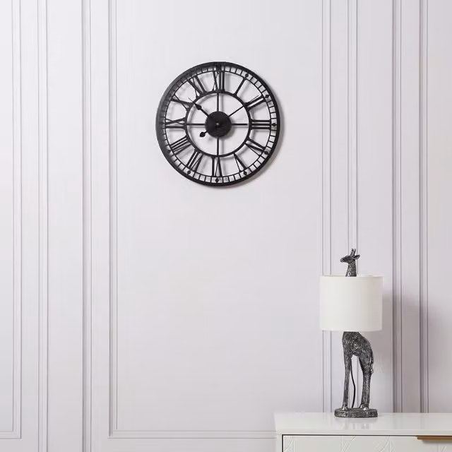 Home Garden Direct EOS Vintage Skeleton Wall Clock with Roman Numerals, Black/Grey, Diameter: 40 cm