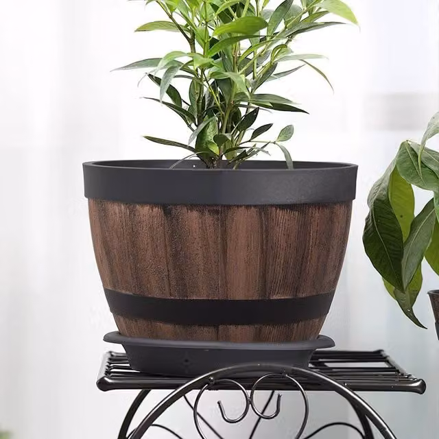 NESTLUNE Set of 4 Brown Barrel Planter Pots for Garden and Indoor Plants