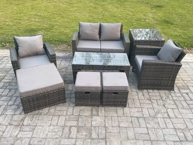 Fimous 7 Seater L-Shape Outdoor Rattan Garden Furniture Set in Dark Grey with Coffee Table, 2 Seater Sofa and 3 Footstools
