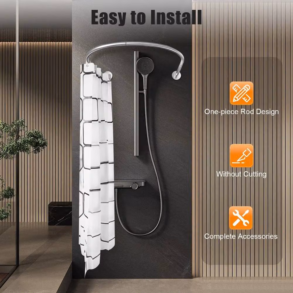 Kelvenix U-Shape Stainless Steel Shower Curtain Tension Rod in Silver, W: 100.0 cm, D: 52.0 cm, H: 52.0 cm – 2