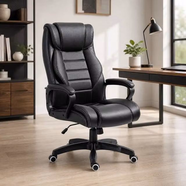 STILVORA Modern Black Synthetic Leather Office Chair with Headrest, Armrests and Swivel Function – 1