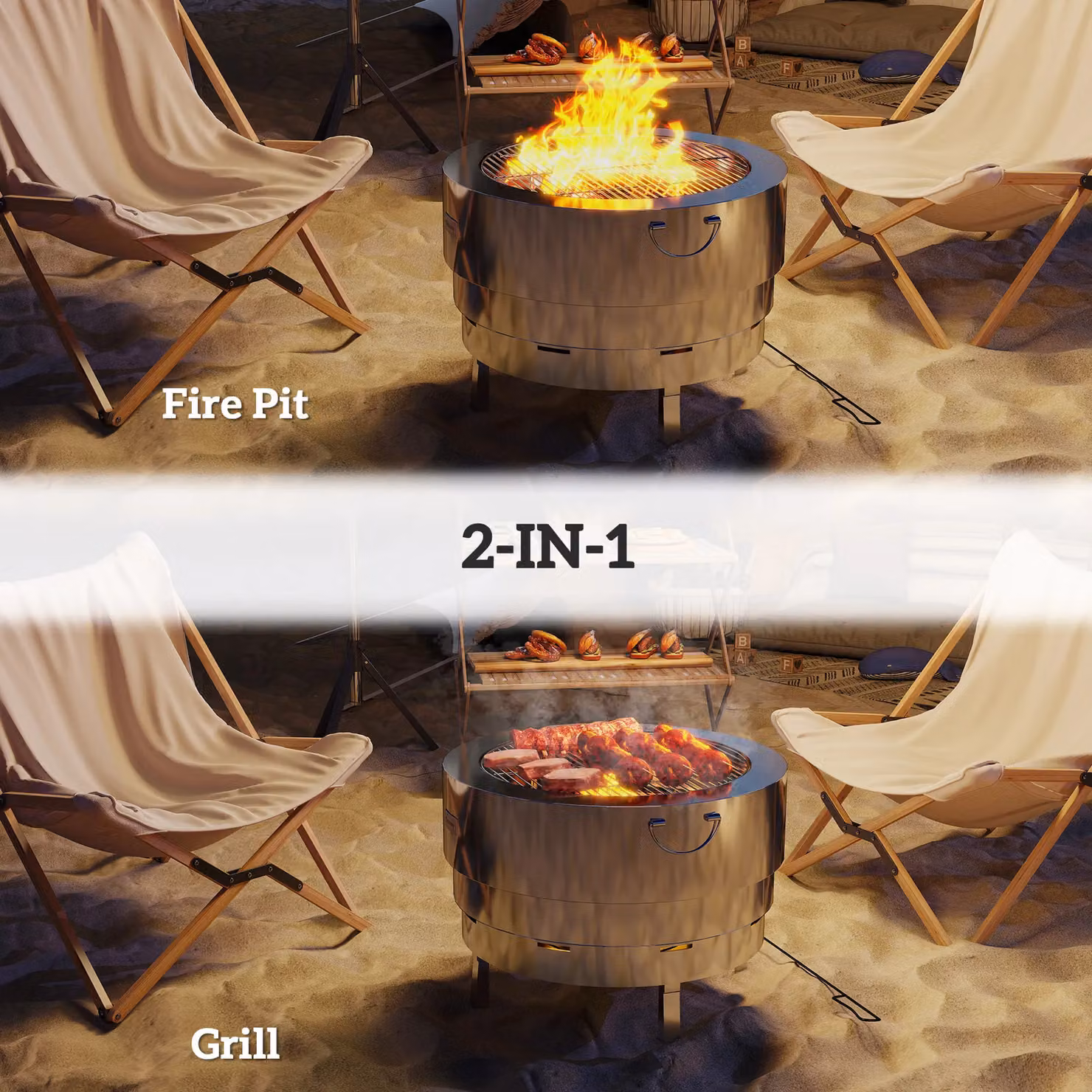 OUTSUNNY Round Stainless Steel Fire Pit with Grill Net in Silver, W/D/H: 63.5 x 44.5 x 44.5 cm – 4