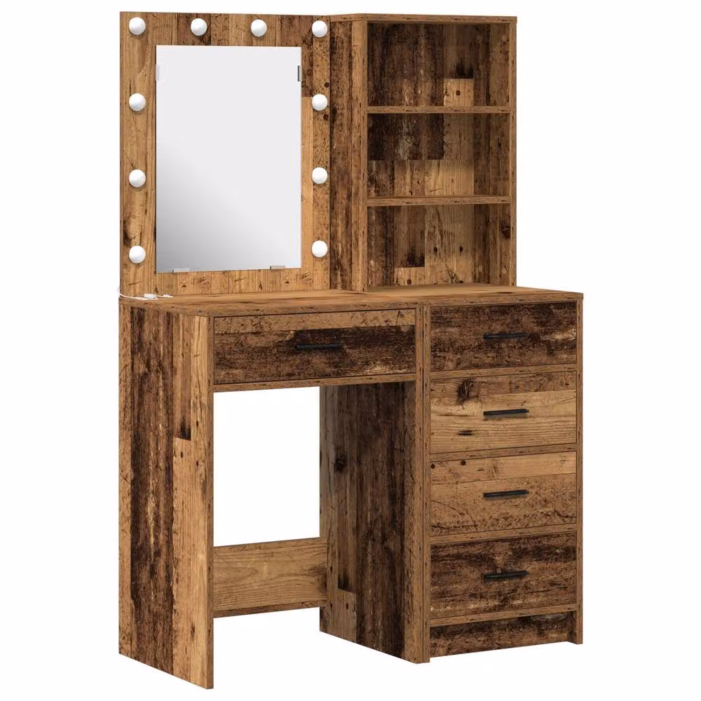 Berkfield Home 2 Piece Hollywood LED Dressing Table Set in Brown Rustic Wood Finish – 2