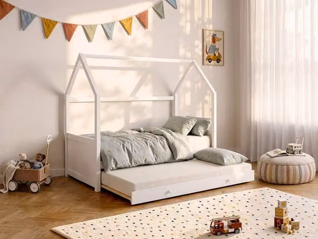 Vente-unique Hut Trundle Bed in White Lacquered Pine with Drawers, W/D/H: 190 x 90 x 97 cm – 1