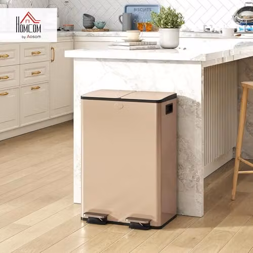 HOMCOM Dual Kitchen Pedal Bin with Soft Close Lids and Odour Filter, Gold Tone Stainless Steel, 2 x 28L – 2