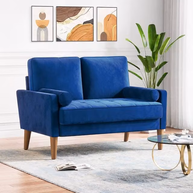 Dprodo Blue Velvet Mid-Century Love Seat Couch with 2 Scatter Cushions, Width: 121 cm – 1