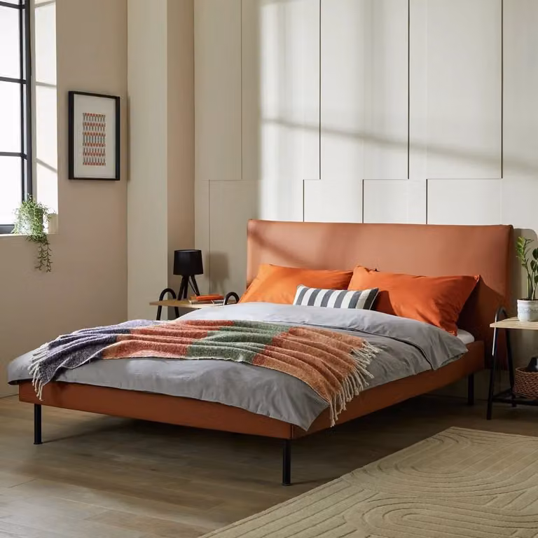 Habitat Flux Modern Upholstered Kingsize Bed Frame in Beige Synthetic Leather, W/D/H: 180 x 200 x 164.5 cm