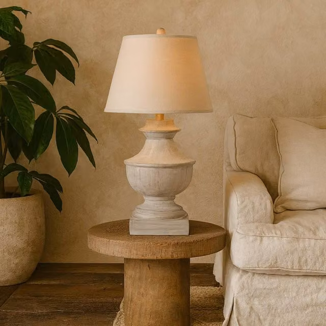 Wyld Haus Rochefort Grey Washed Wooden Table Lamp with Beige Fabric Shade, H 41 cm, W 41 cm, D 41 cm – 1
