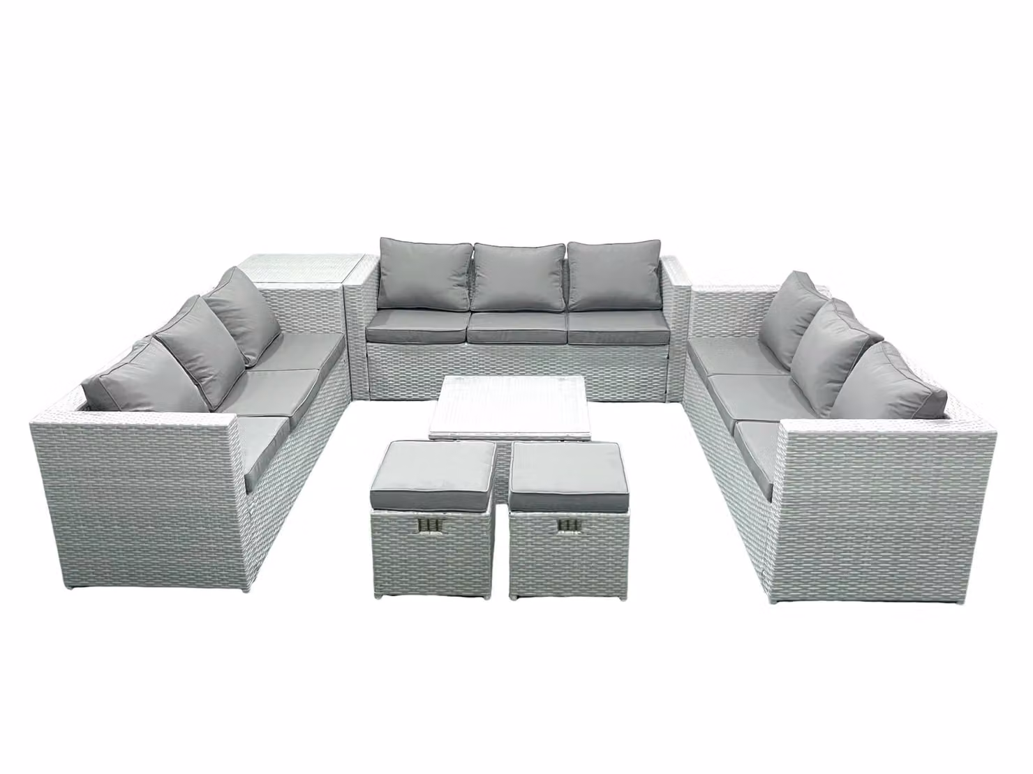 Fimous 11 Seater Rattan Garden Furniture Set in Light Grey with U-Shape Sofa, Ottomans and Coffee Table – 2