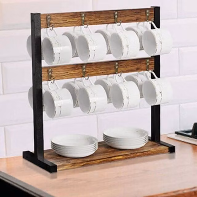 EONLION Brown Wooden Tabletop Coffee Mug Holder and Cup Storage Stand, Width: 100 cm