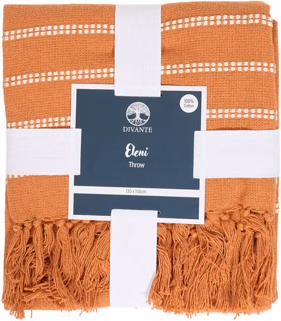 Divante Striped Cotton Throw with Fringes in Orange