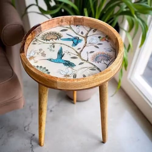 Hartsmede Hummingbird Mango Wood Round Side Table in Beige with Resin-Coated Enamel Top, W/D/H: 38 x 38 x 46 cm