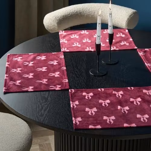 OHS Set of 4 Bow Print Matte Velvet Placemats, Burgundy, W: 40 cm, D: 30 cm