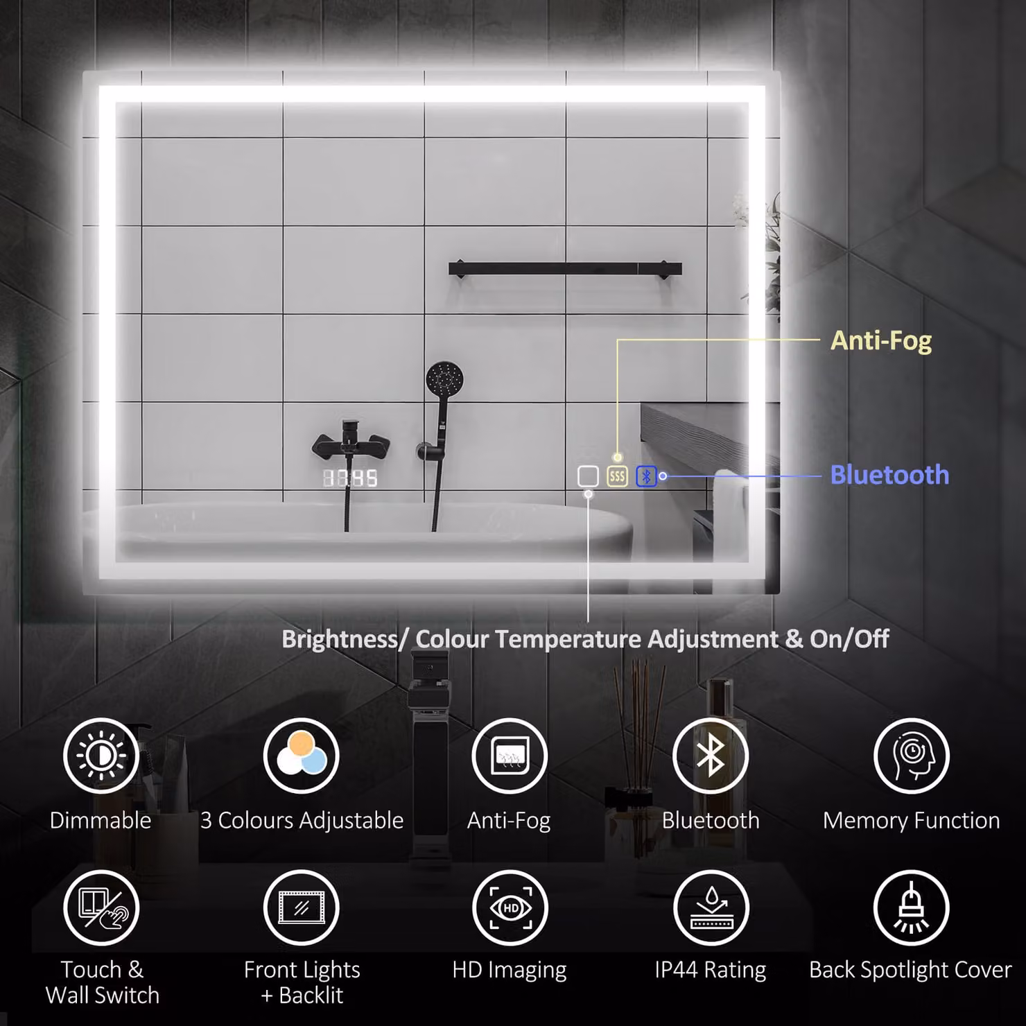 HOMCOM Silver LED Bathroom Mirror with Bluetooth, Clock and Anti-Fog Function, W: 60 cm, H: 80 cm – 4