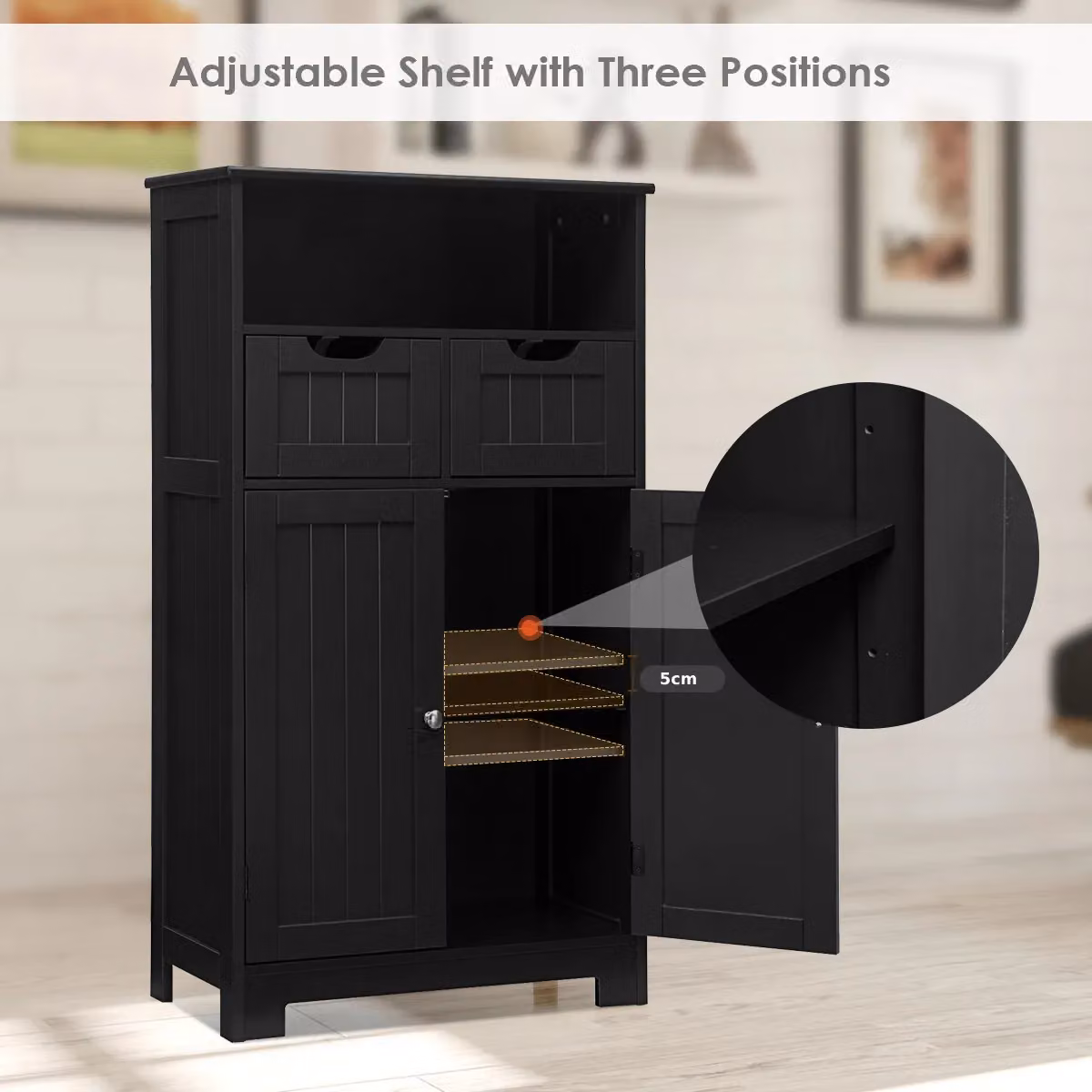Costway Black Lacquered Wooden Freestanding Cupboard Cabinet with Internal Shelves and Drawers – 6