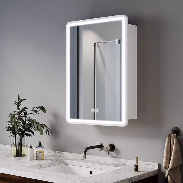 FLAVORA White Modern Wall Mounted Bathroom LED Mirror Cabinet with Anti-Fog Glass Doors