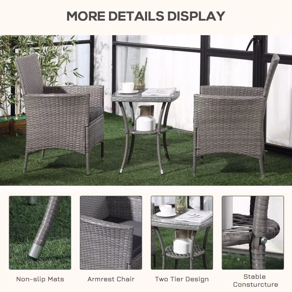 Wyld Haus Ranoyo Ziba Grey Rattan 3 Piece Garden Bistro Set with 2 Tier Coffee Table – 5