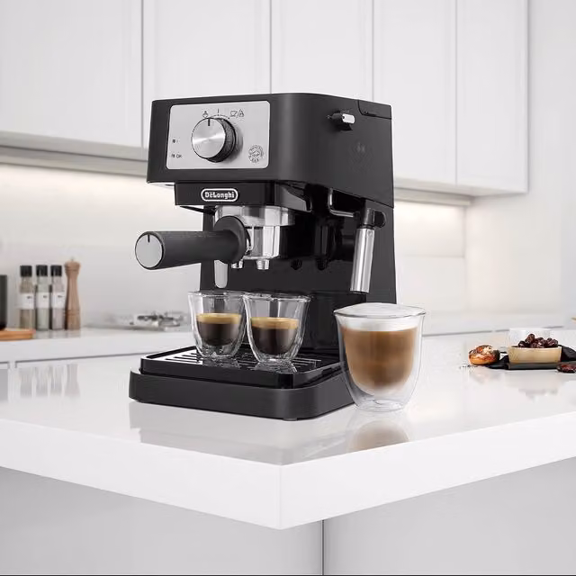 DeLonghi Stilosa Manual Espresso Coffee Machine with Steam Wand, Black, Silver and Transparent