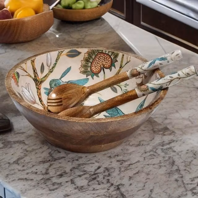 Hartsmede Hummingbird Medium Wooden Serving Bowl with Spoons in Natural Brown and Sand – 1