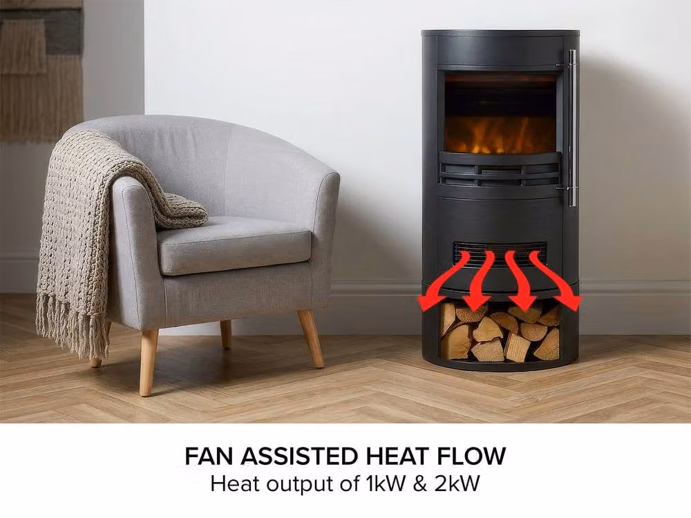 Adam Fires & Fireplaces Sureflame Dunston Round Stove with Log Storage in Black – 4