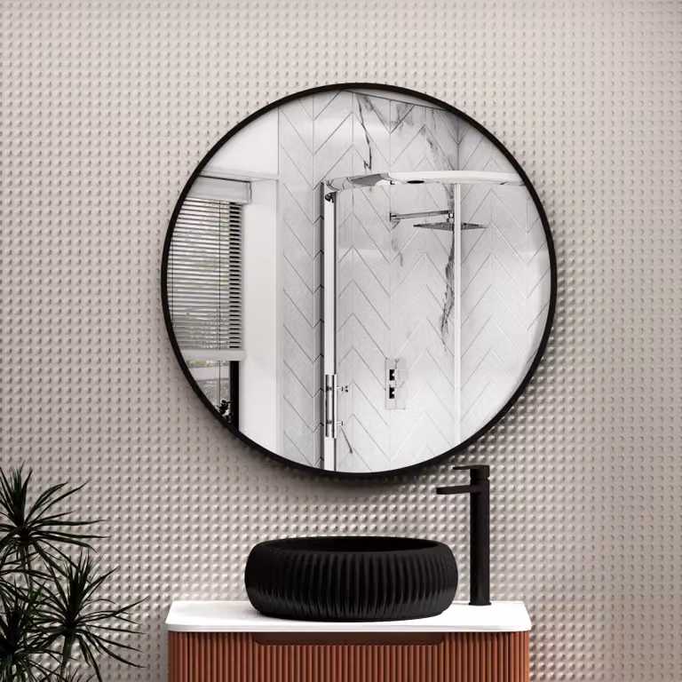Royal Bathrooms Elmore Round Minimalist Bathroom Mirror with Matt Black Aluminium Frame, W/D/H: 80 x 80 x 1 cm