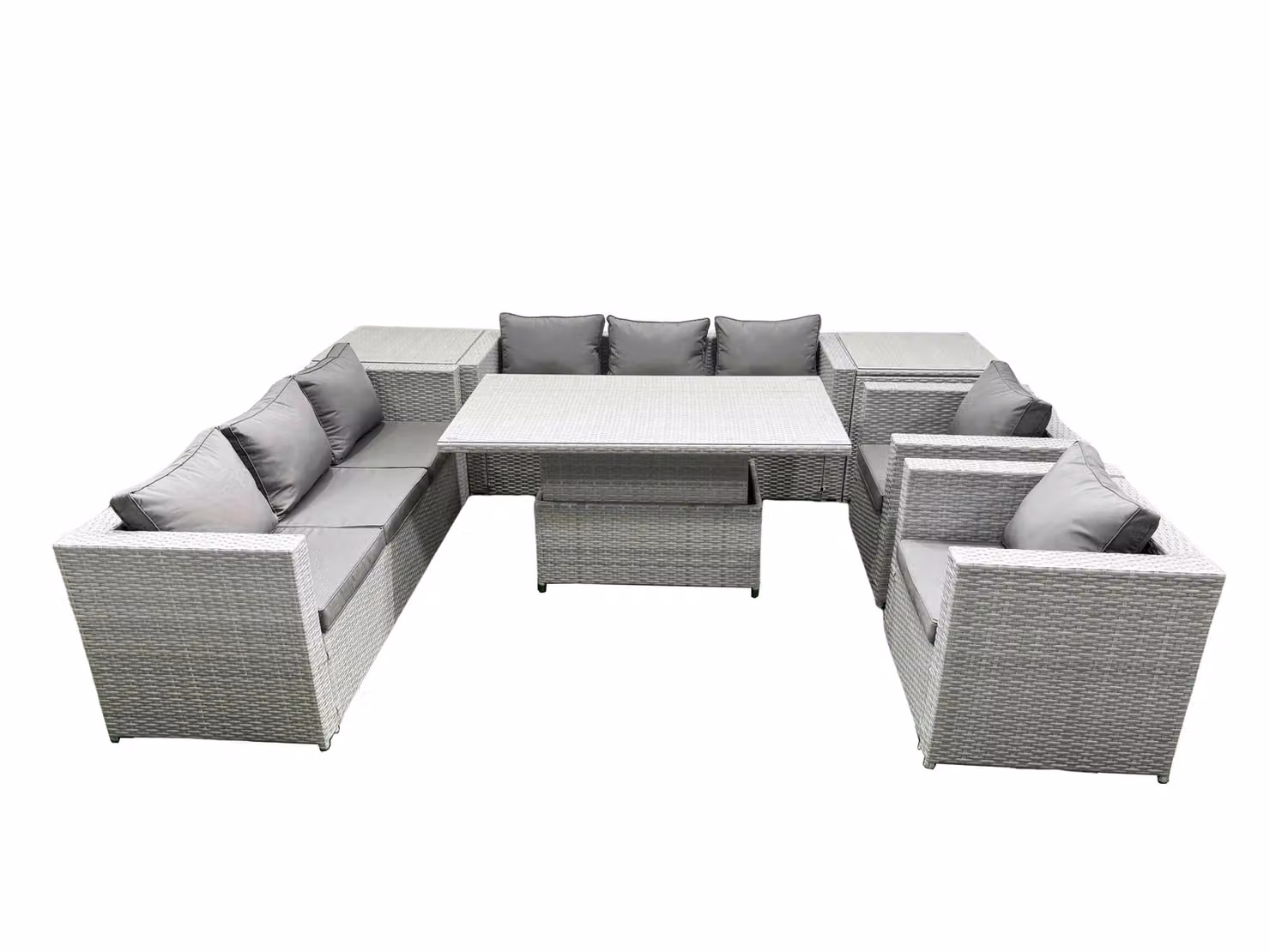 Fimous Rattan Garden Furniture Set in Grey with 3-Seater Sofa, 2 Armchairs, Adjustable Lifting Table and Cushions – 2