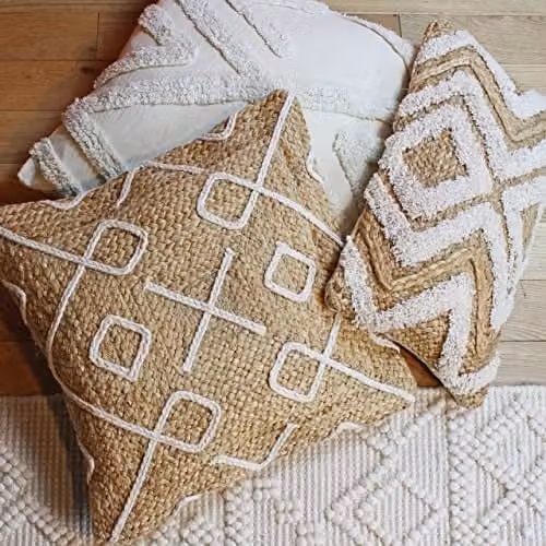 Roolu Boho Square Jute and Cotton Cushion in Beige, W/D/H: 45 x 45 x 45 cm – 3