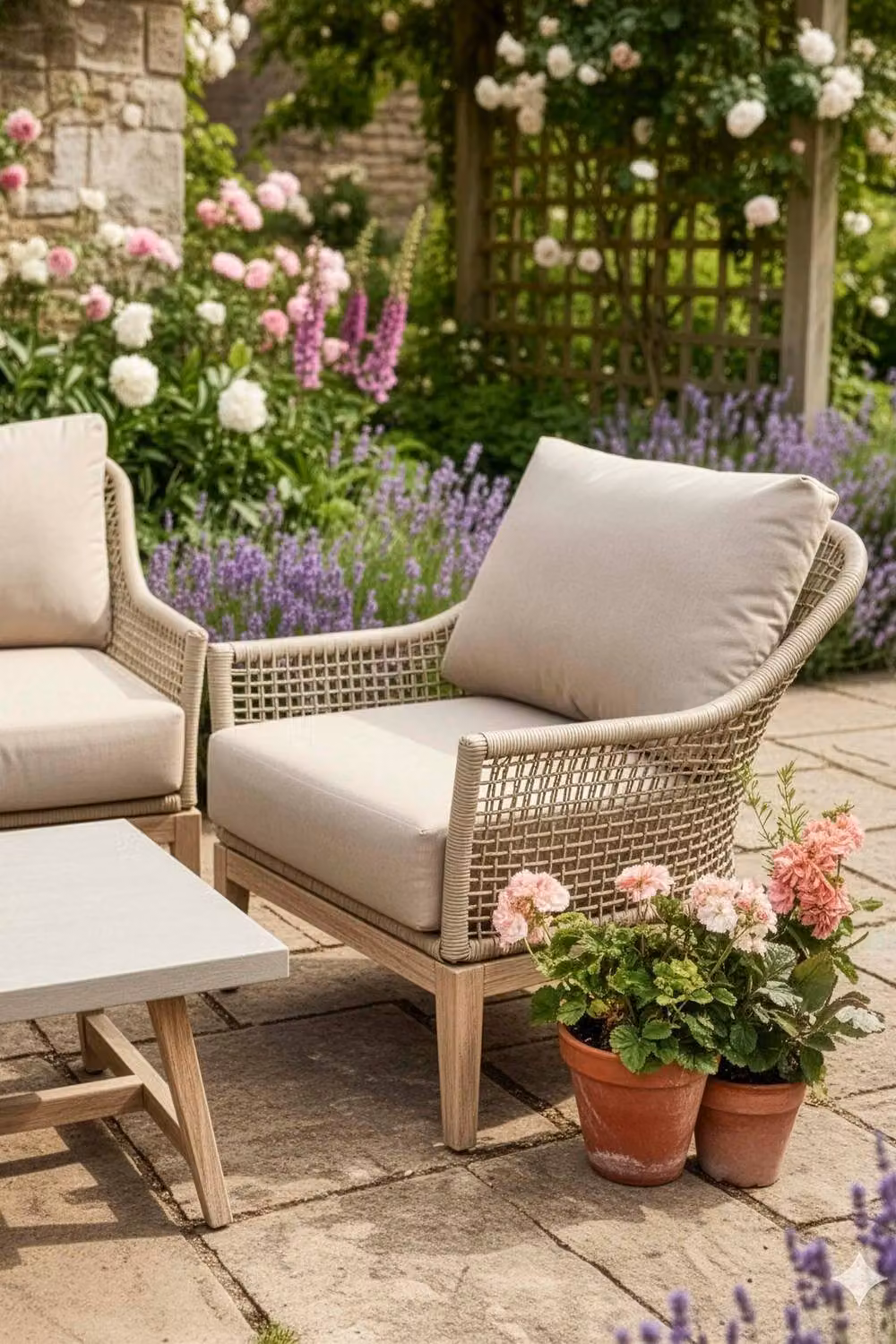 Dibor 4-Piece Woven Garden Sofa Set with Cushions and Coffee Table in Natural Sand and Beige – 4