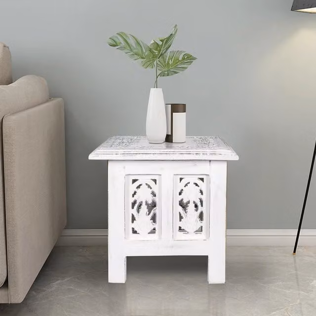 Topfurnishing Square Carved Mango Wood Coffee Table and Bedside End Table in White, W/D/H: 30 x 30 x 30 cm