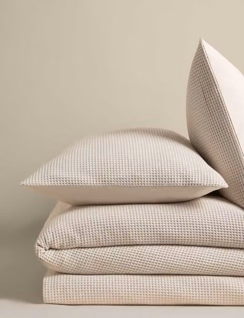 M&S Beige Washed Cotton and Linen Waffle Bedding Set, W: 140 cm, L: 200 cm