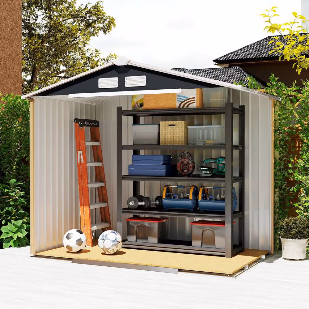 Rolipo Metal Garden Shed in Dark Grey with Foundation Kit and Double Doors – 10