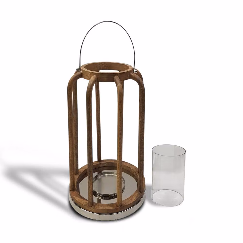 Elm Home And Garden Tall Mango Wood and Glass Pillar Candle Holder Ornament in Silver, H: 54.0 cm, W: 30.0 cm, D: 30.0 cm – 2