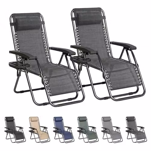 MCC Direct Set of 2 Zero Gravity Reclining Sun Loungers with Textilene Fabric, Cup Holders and Adjustable Headrests in Black and Grey