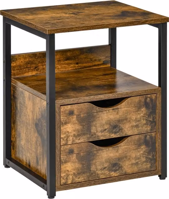 HOMCOM Industrial Side Table with Storage Drawer and Shelf in Rustic Brown and Black – 1