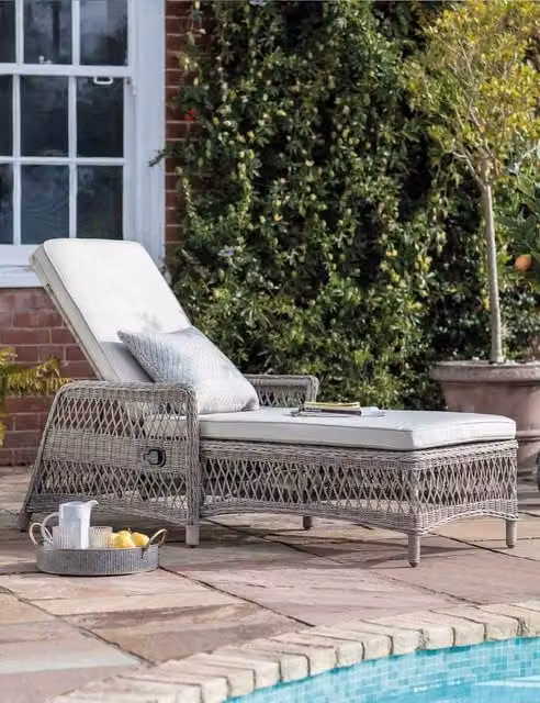 Gallery Direct Menton Country Outdoor Lounger in Natural with Beige and Grey Weatherproof Cushions