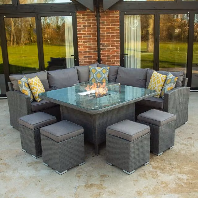 Bracken Outdoors Dakota Casual Dining Corner Sofa Set with Square Firepit Table in Grey