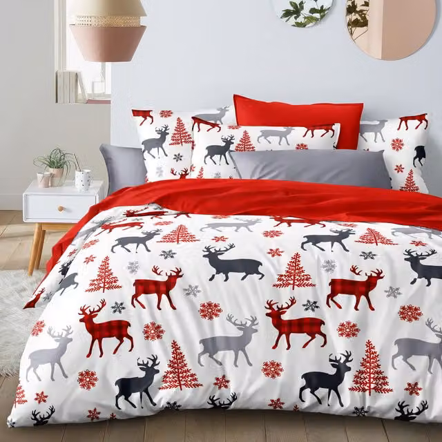 Ezysleep Red Christmas Reindeer Print Duvet Set and Pillowcase, 200 cm
