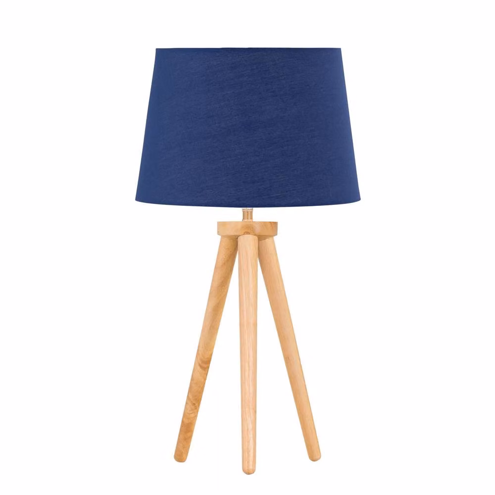 First Choice Lighting Set of 2 Light Oak Table Lamps with Navy Blue Fabric Shades in Brown – 2