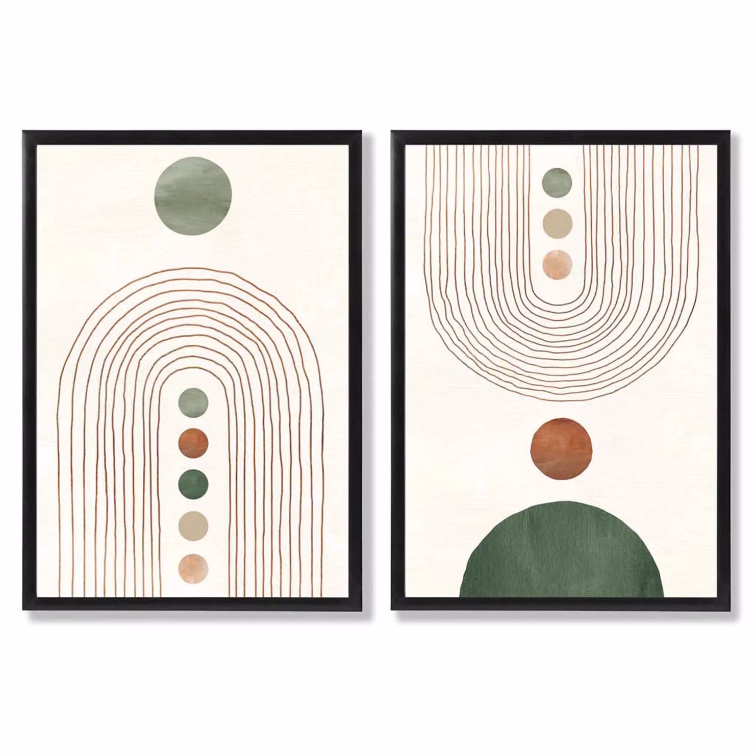 ARTZE Boho Arches Set of 2 Abstract Geometric Art Prints in Sage Green and Cream with Black Frames, Size: A4 – 2