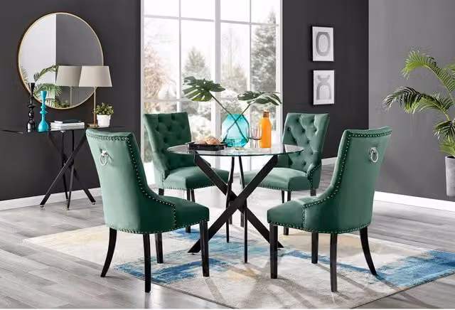 FurnitureboxUK Novara Round Glass Dining Table with 4 Belgravia Chairs in Black and Green