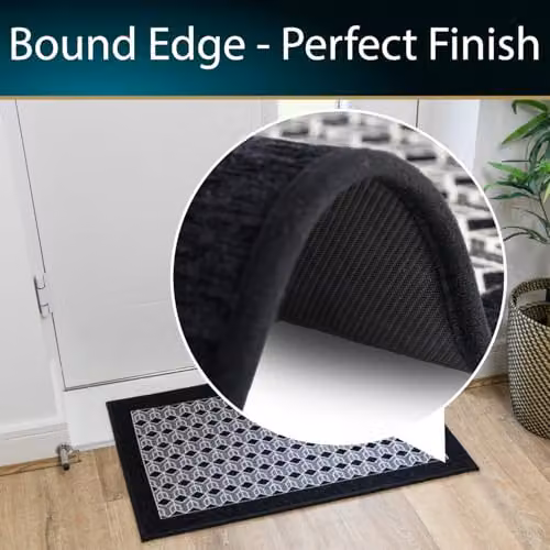 JVL Allure Machine Washable Non-Slip Entrance Doormat and Runner Set in Black and Grey – 6