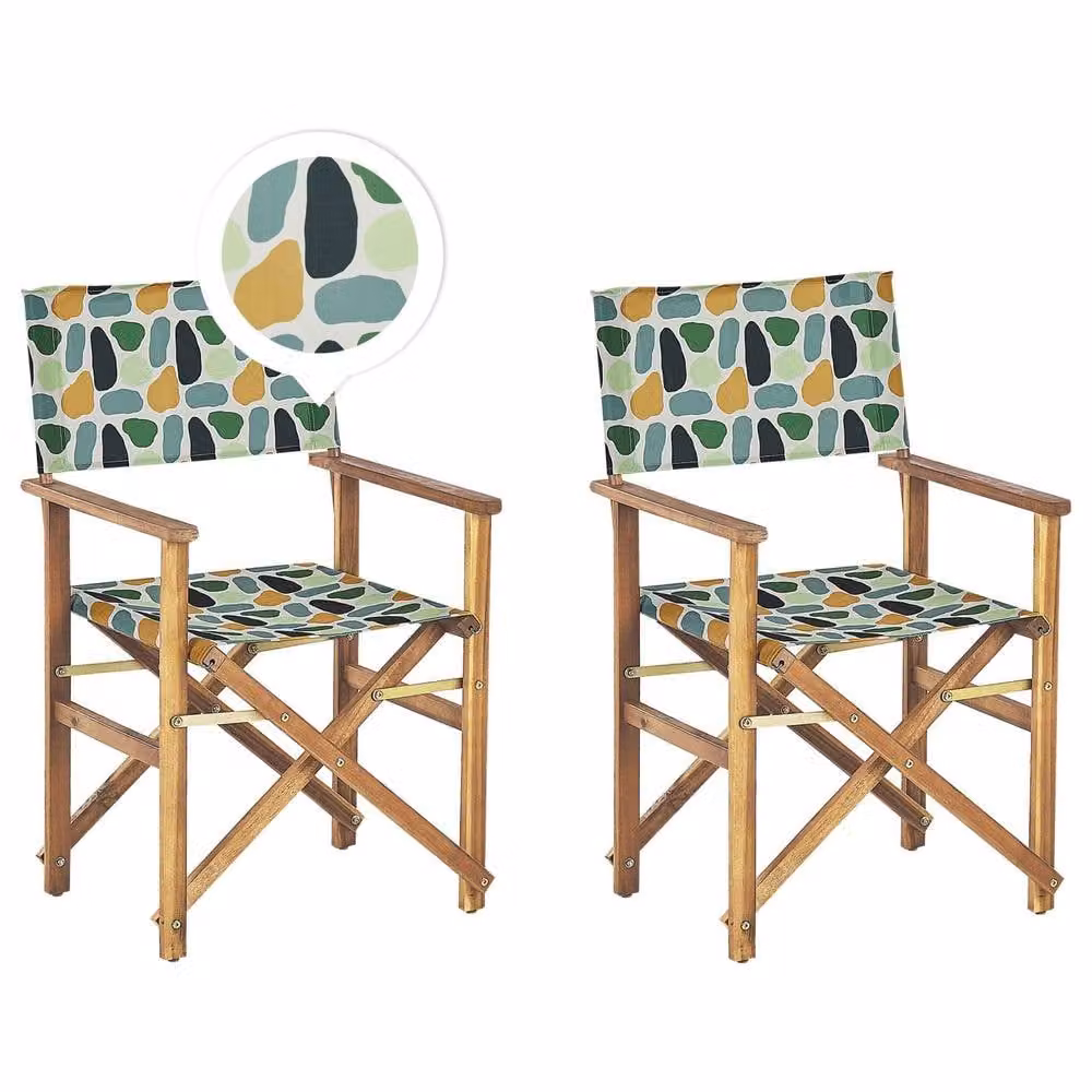 Wyld and Coco Set of 2 Garden Director's Folding Sling Chairs in Green and Light Acacia Wood