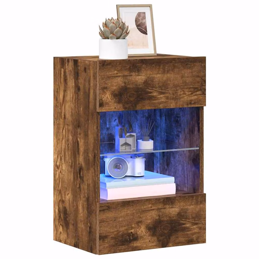 Berkfield Home Set of 2 Modern Wall Mounted TV Cabinets with Integrated LED Lighting in Smoked Oak Brown, W/D/H: 40 x 30 x 60.5 cm – 4