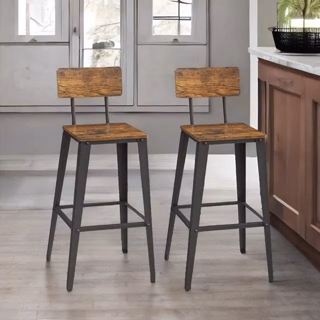 Rafaelo Mobilia Set of 2 Industrial Metal Bar Stools with Backrest in Brown and Black